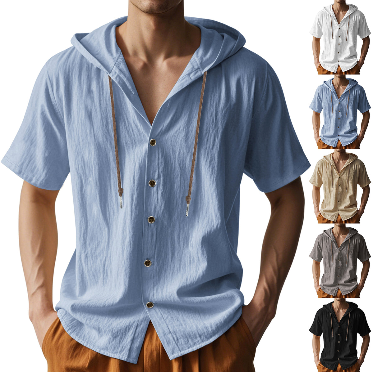 Loose Hooded Short-sleeved Shirt For Men - enhanced image 7