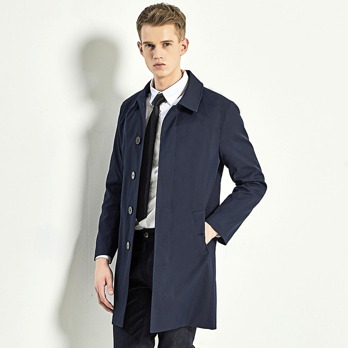 Men Trench Coat Navy Blue Single Breasted - enhanced image 7