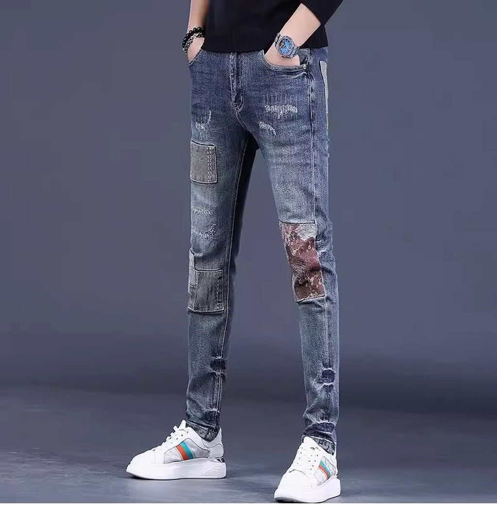 Men's Contrast Color Patch Hole Slim-fit Pants - enhanced image 7
