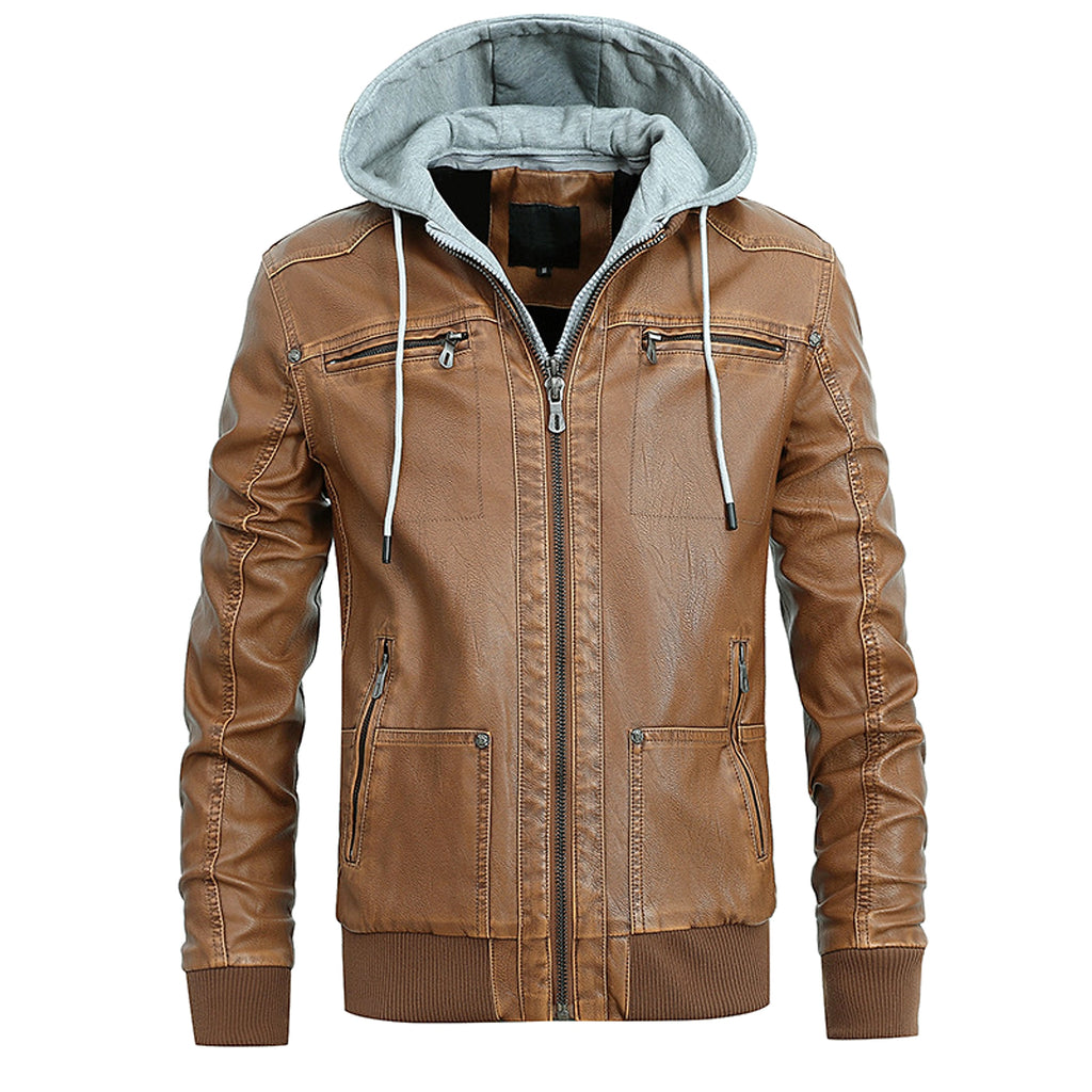 Men's Detachable Hat PU Hooded Jacket - enhanced image 7