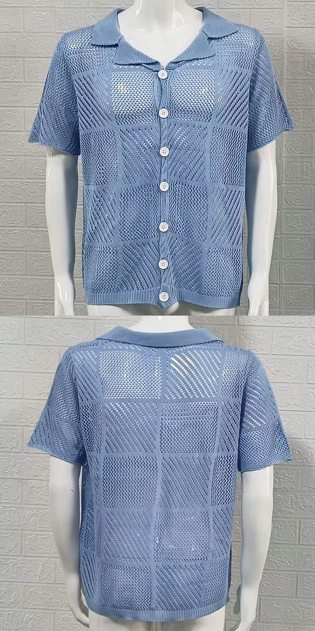 Men's Knit Cardigan Thin Hollow Polo Collar Short Sleeve Top - enhanced image 7