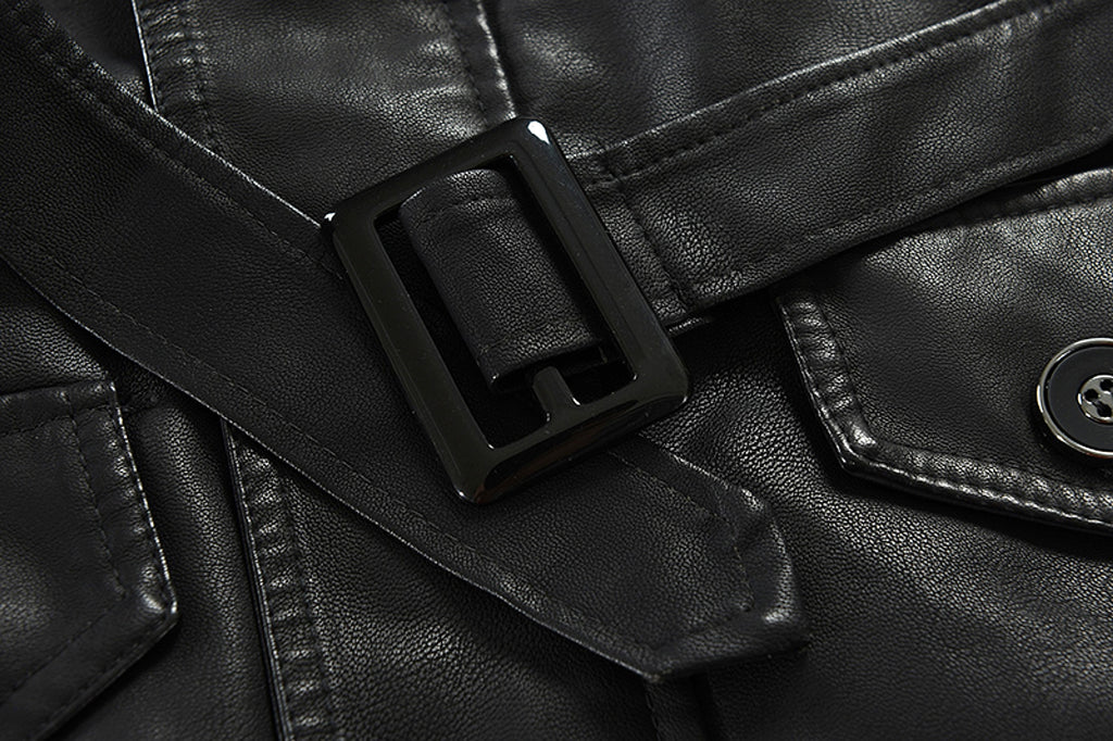 Men's Mid-length Stand-up Collar Slim Large Size Leather Trench Coat - enhanced image 7