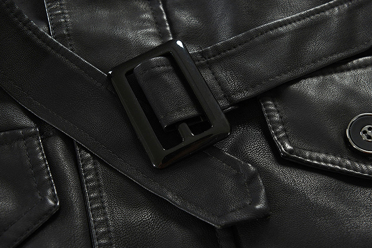 Men's Mid-length Stand-up Collar Slim Large Size Leather Trench Coat - enhanced image 7