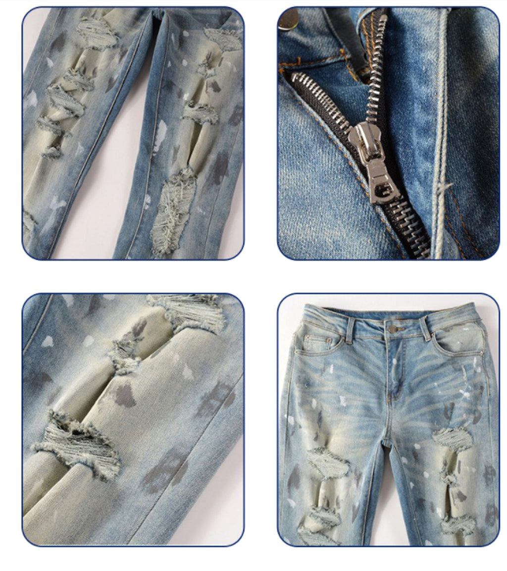 Men's Patch Slimming And Perforated Jeans - enhanced image 7