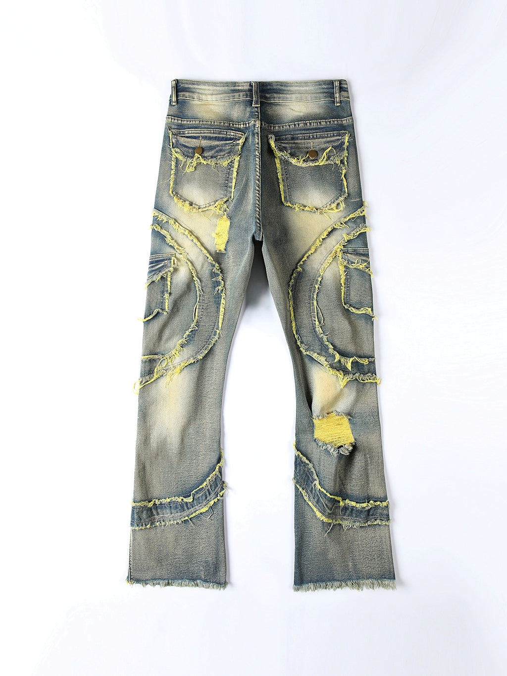 Men's Patchwork Fringe Slightly Flared Stretch Jeans - enhanced image 7