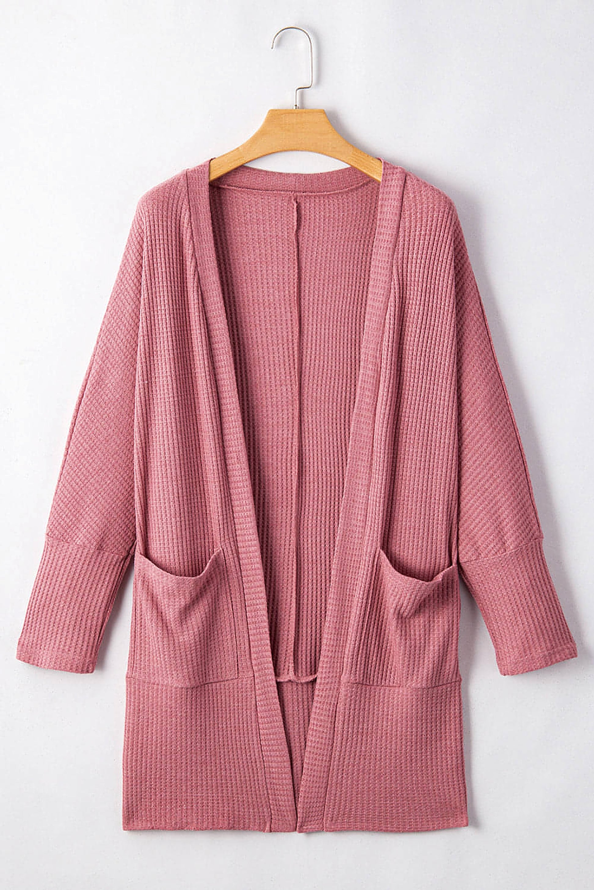Mineral Red Solid Color Waffle Knit Cardigan with Pocket - enhanced image 7