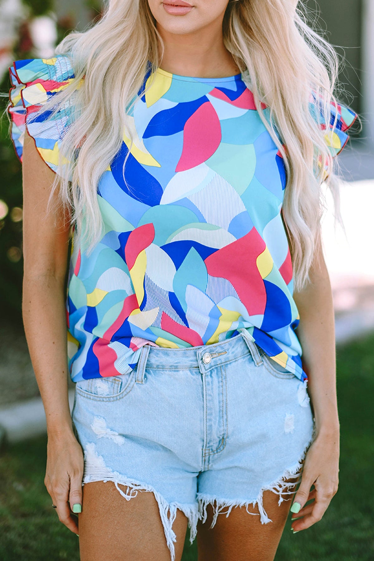 Multicolor Abstract Print Stitching Ruffle Sleeve Blouse - enhanced image 7