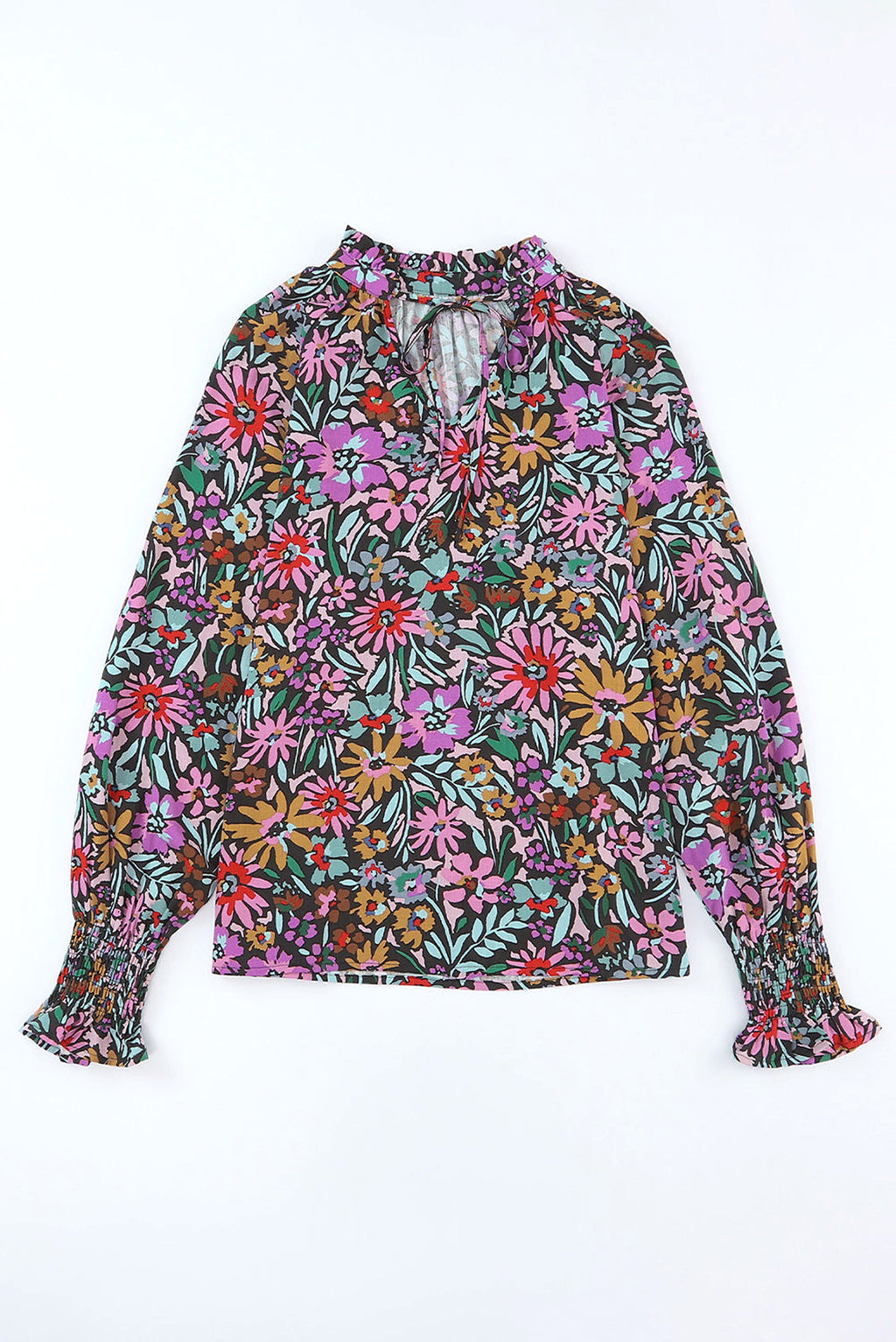 Multicolor Floral Print Ruffled Long Sleeve V-Neck Blouse - enhanced image 7