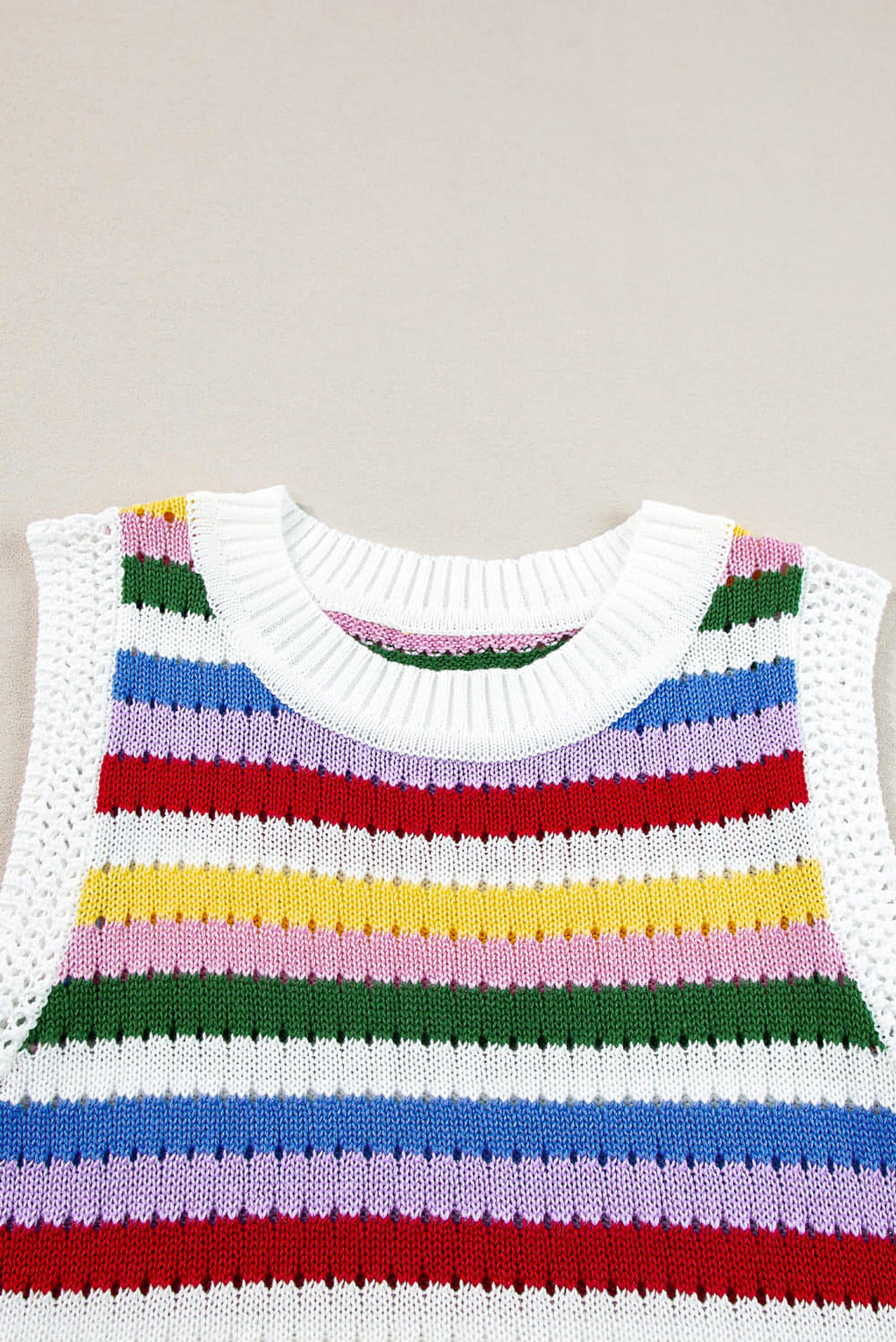 Multicolour Striped Knitted Eyelet Slim Sweater Vest - enhanced image 7