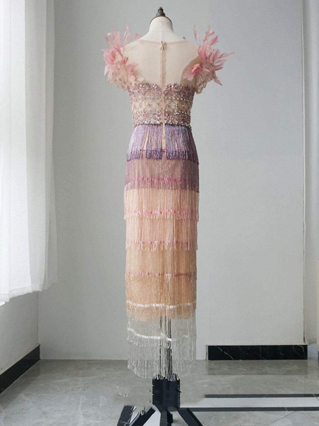 New Feather Heavy Industry Mid Length Crystal Evening Dress