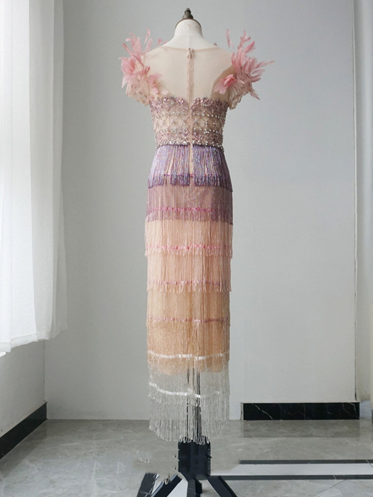 New Feather Heavy Industry Mid Length Crystal Evening Dress