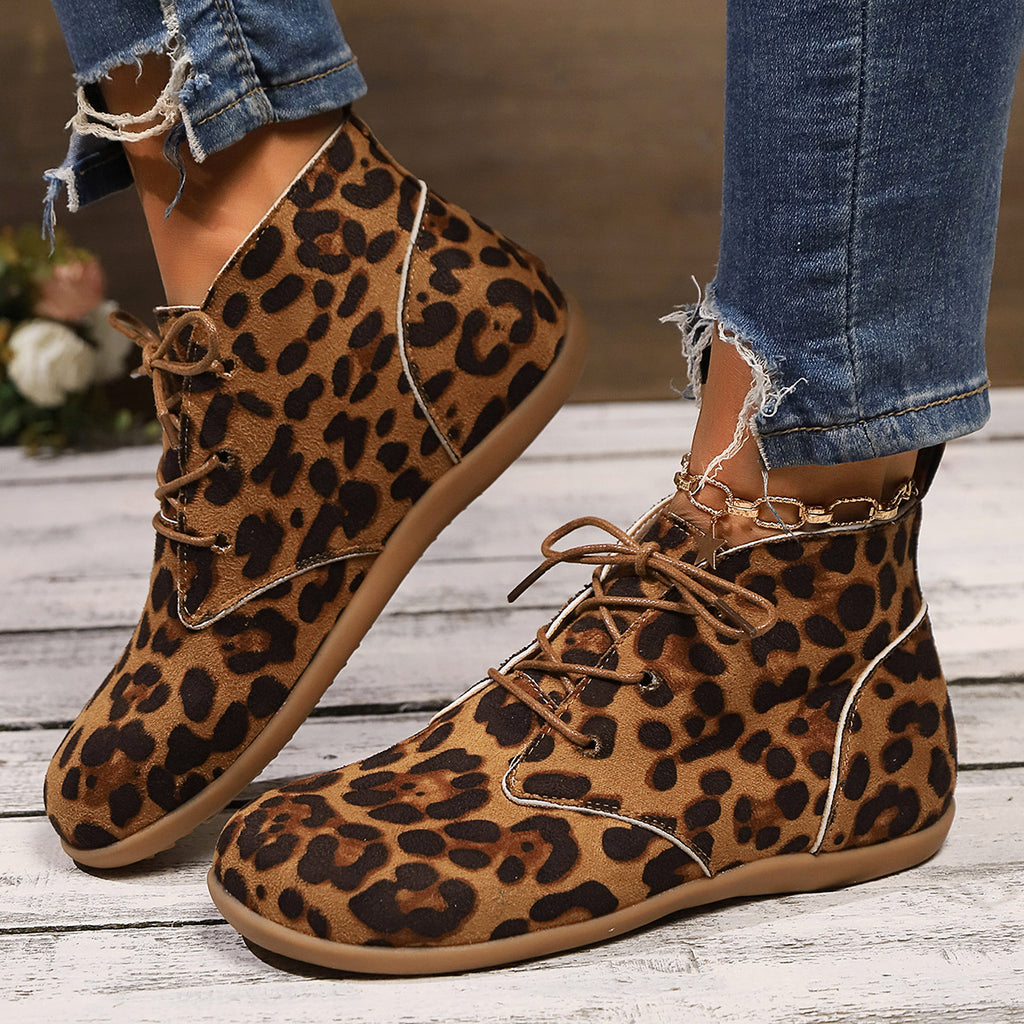 New Lace-up Flat Leopard Print Casual Boots Women - enhanced image 7