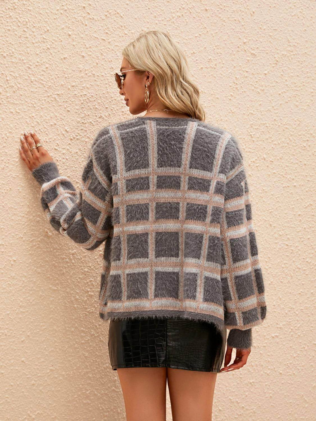 Open Front Plaid Long Sleeve Cardigan - enhanced image 7