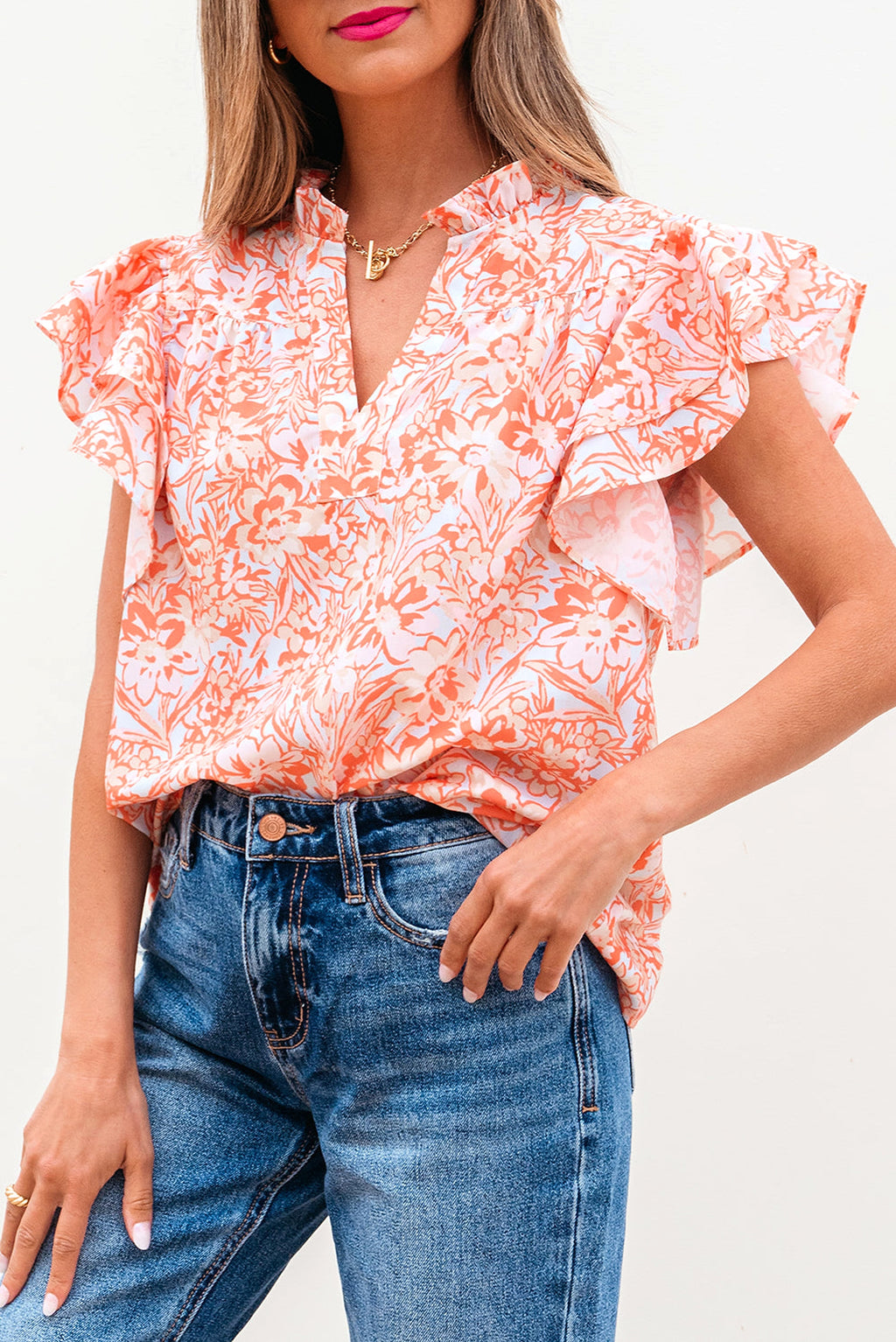 Orange Floral Ruffle Sleeve Split Neck Blouse - enhanced image 7