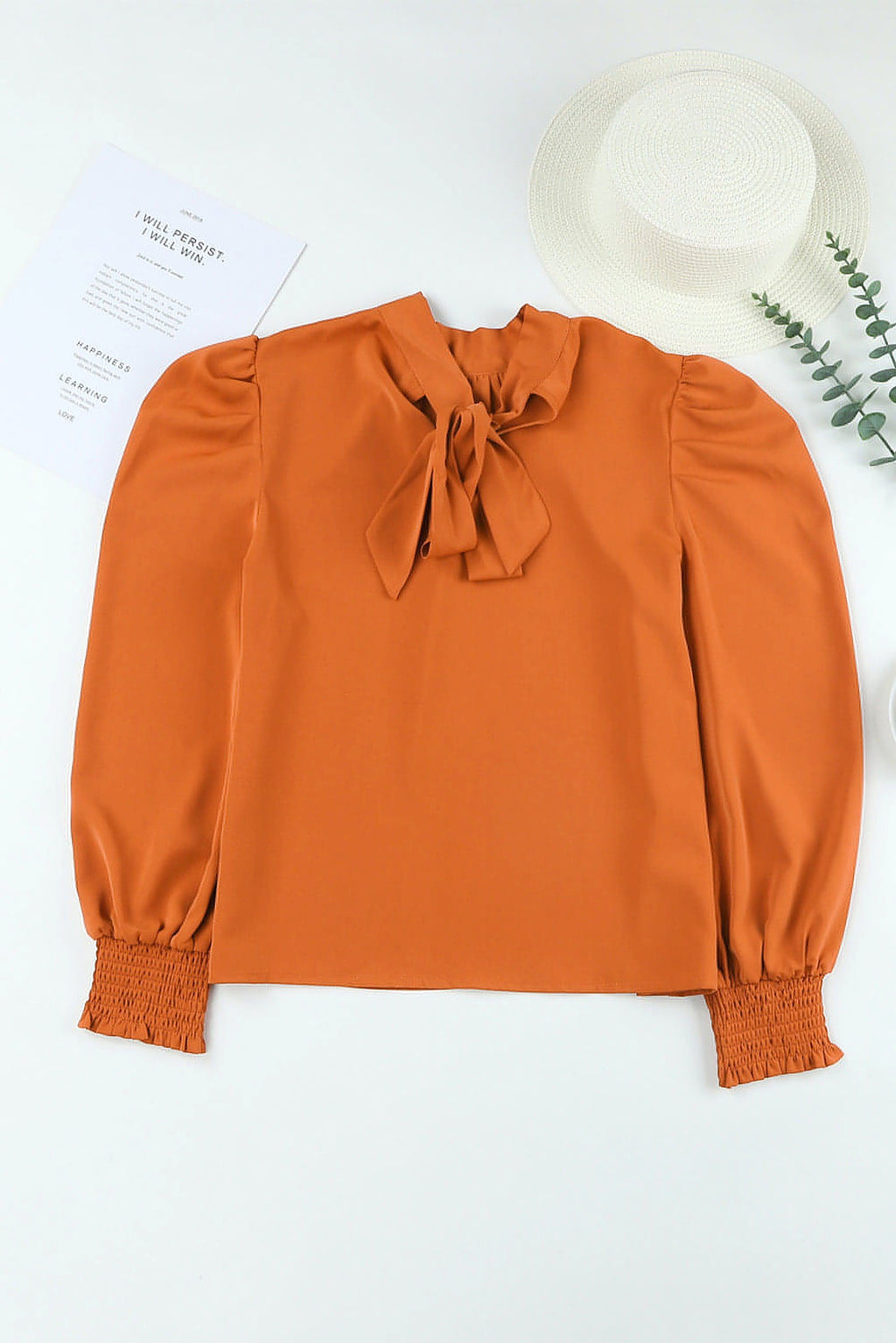 Orange Long Bubble Sleeve Mock Neck Chiffon Blouse - enhanced image 7