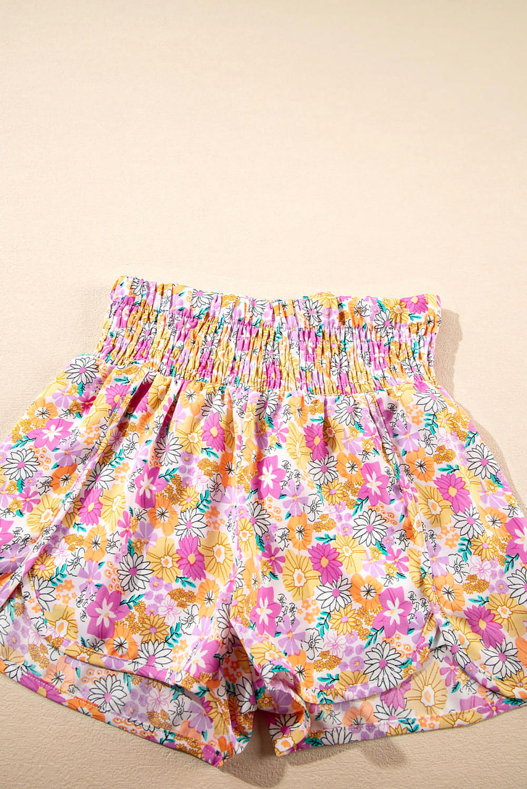 Pink Boho Floral Shirred High Waist Casual Shorts - enhanced image 7