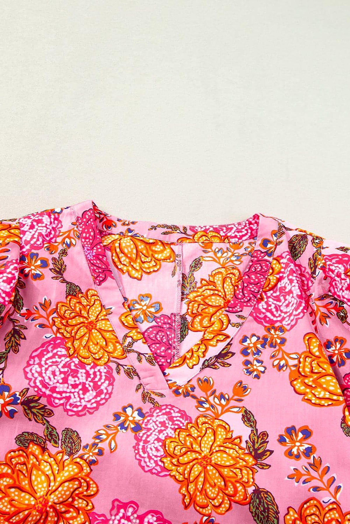 Pink Floral Bubble Sleeve V Neck Ruffled Mini Dress - enhanced image 7