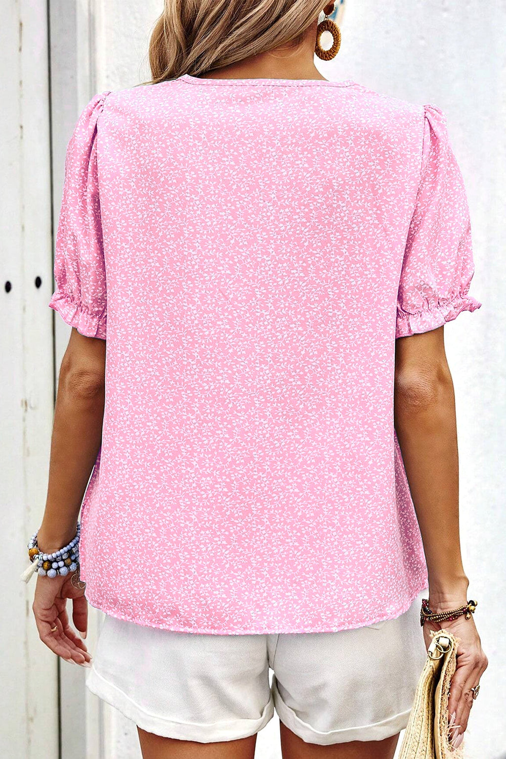Pink Floral Embroidered Puff Sleeve Notched V Neck Blouse - enhanced image 7
