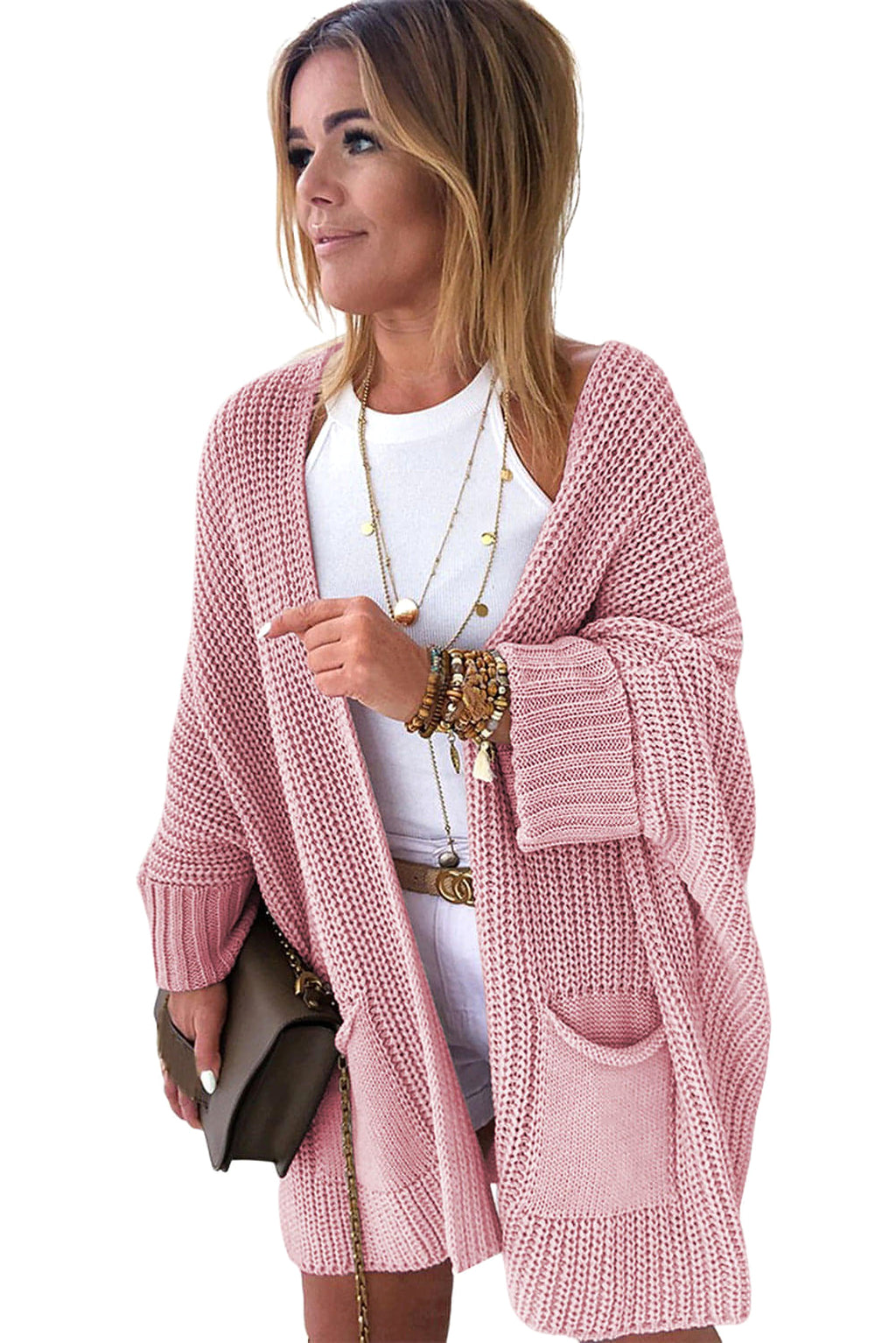Pink Oversized Fold Over Sleeve Open Front Cardigan - enhanced image 7