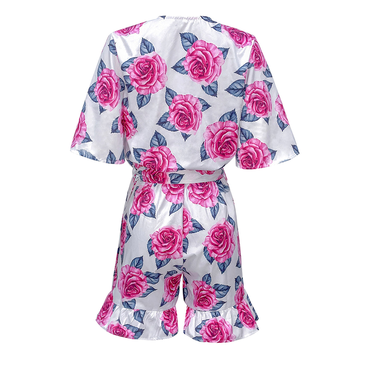 Printed Flared Short-Sleeved Lace-Up Jumpsuit Skirt - enhanced image 7
