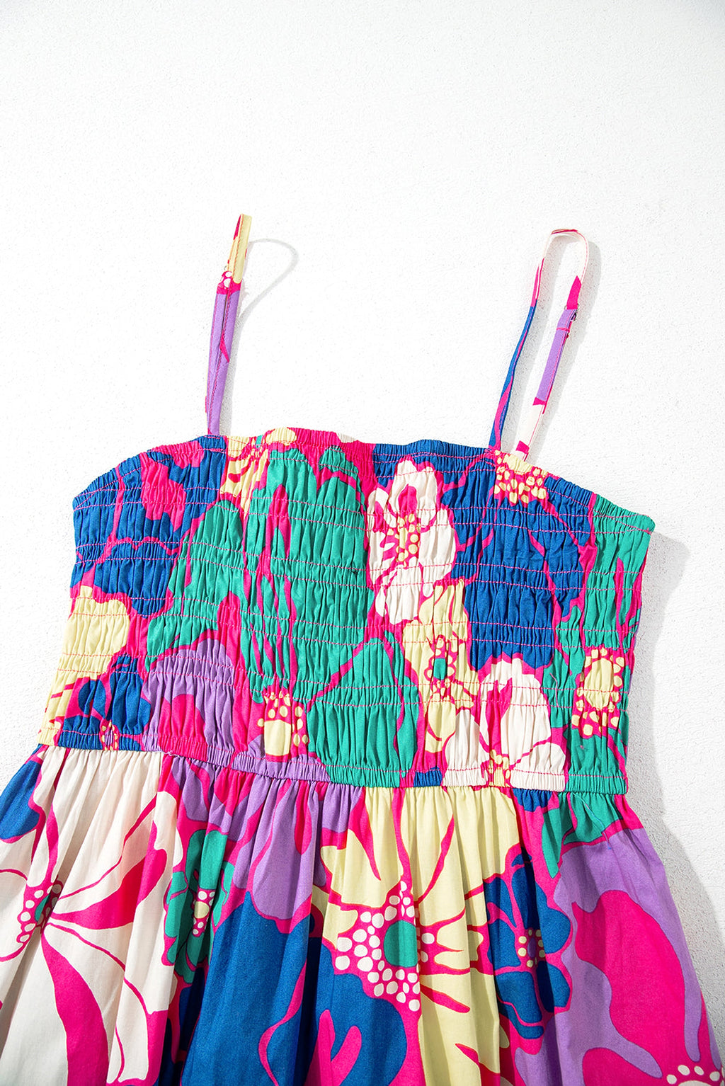 Purple Floral Print Shirred Spaghetti Strap Loose Maxi Dress - enhanced image 7
