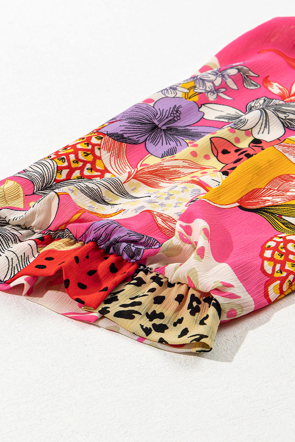 Red Abstract Floral Print Buttoned Ruffled Bubble Sleeve Shirt - enhanced image 7