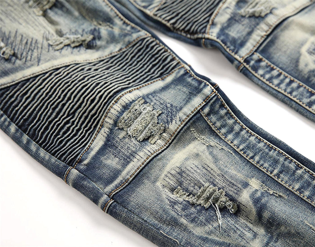Retro Crumpled Hole Patch Elastic Straight Skinny Jeans - enhanced image 7