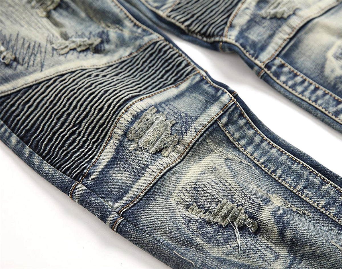 Retro Crumpled Hole Patch Elastic Straight Skinny Jeans - enhanced image 7