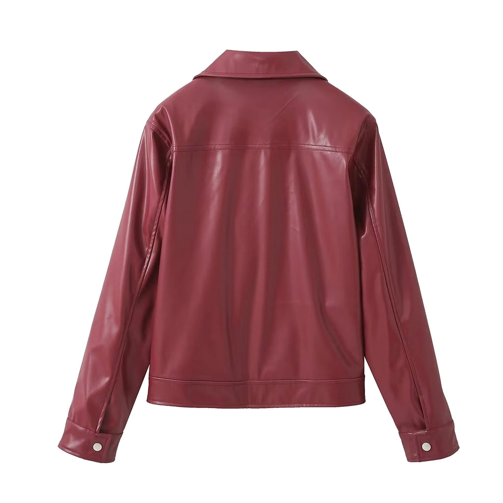 Retro Fashion Polo Collar Advanced PU Leather Jacket Coat - enhanced image 7