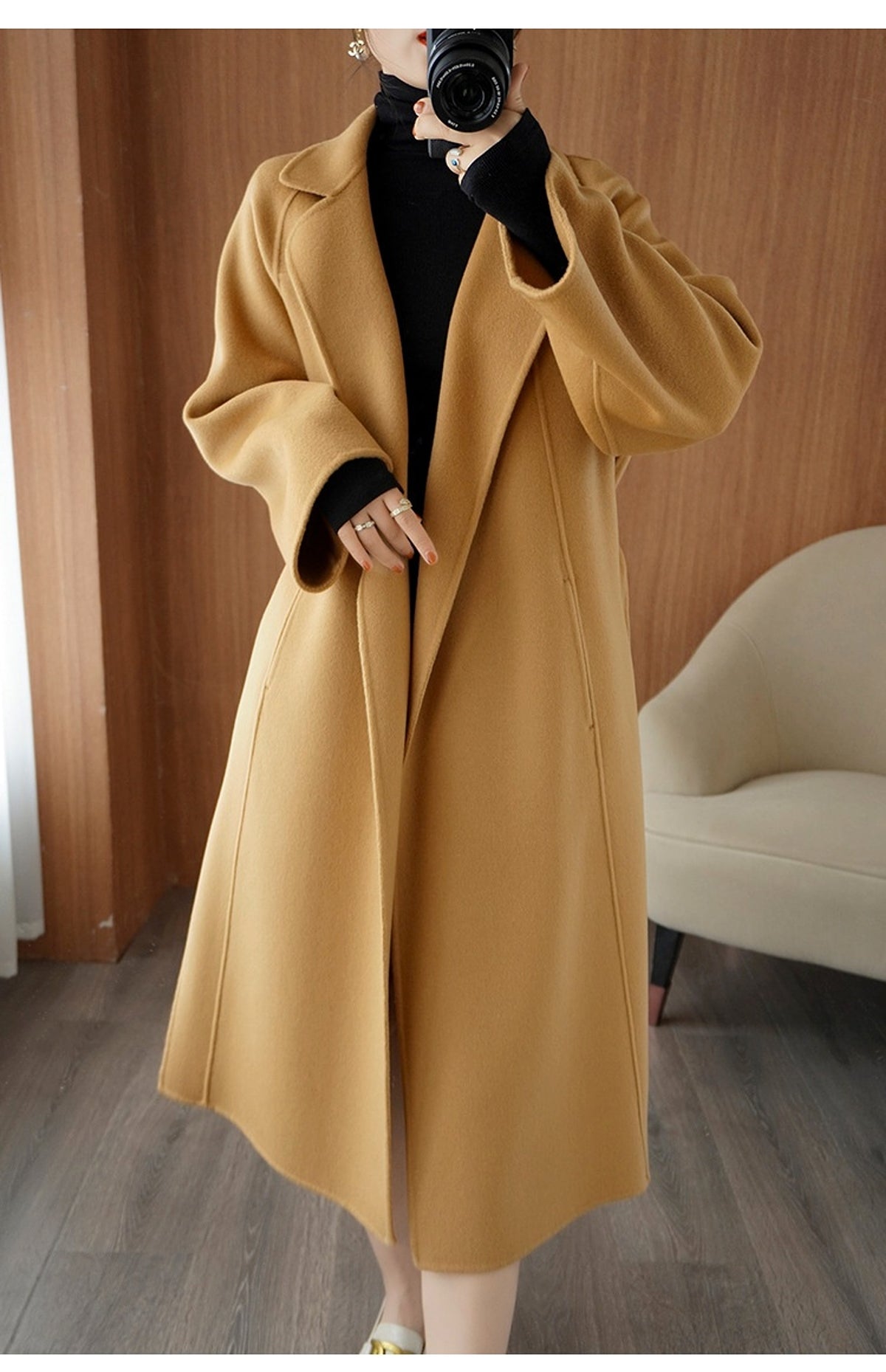 Reversible Cashmere Coat Women's Mid-length Loose Over Knee Coat - enhanced image 7