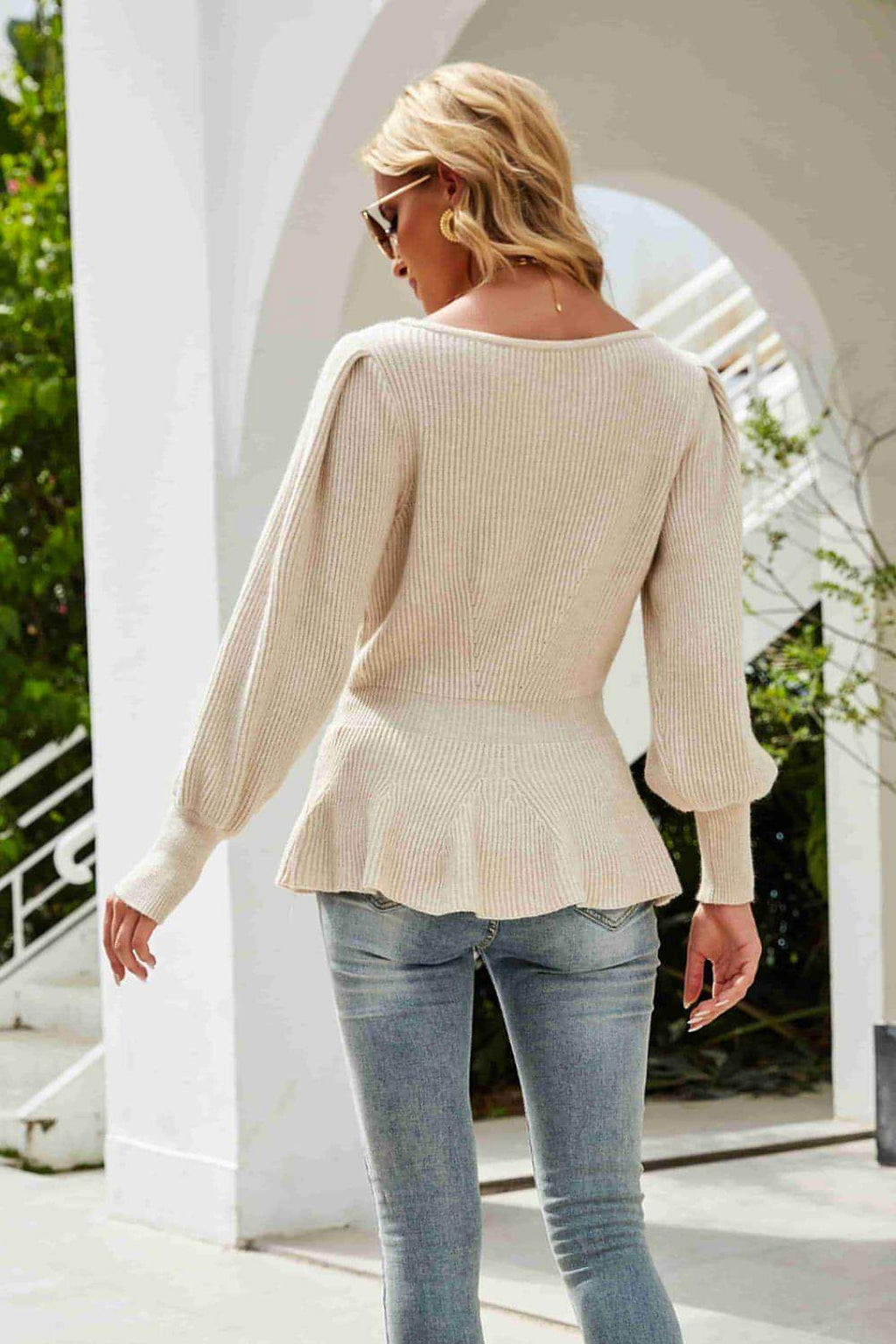 Ribbed Round Neck Lantern Sleeve Sweater - enhanced image 7