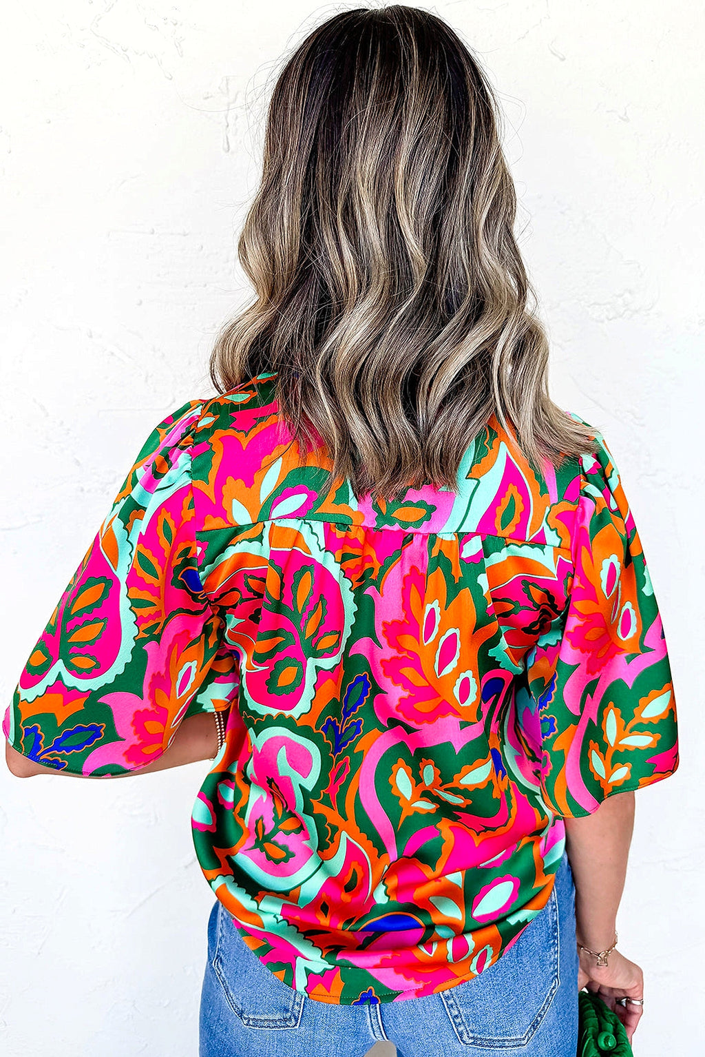 Rose Summer Plant Print Lace up V Neck Short Sleeve Blouse - enhanced image 7