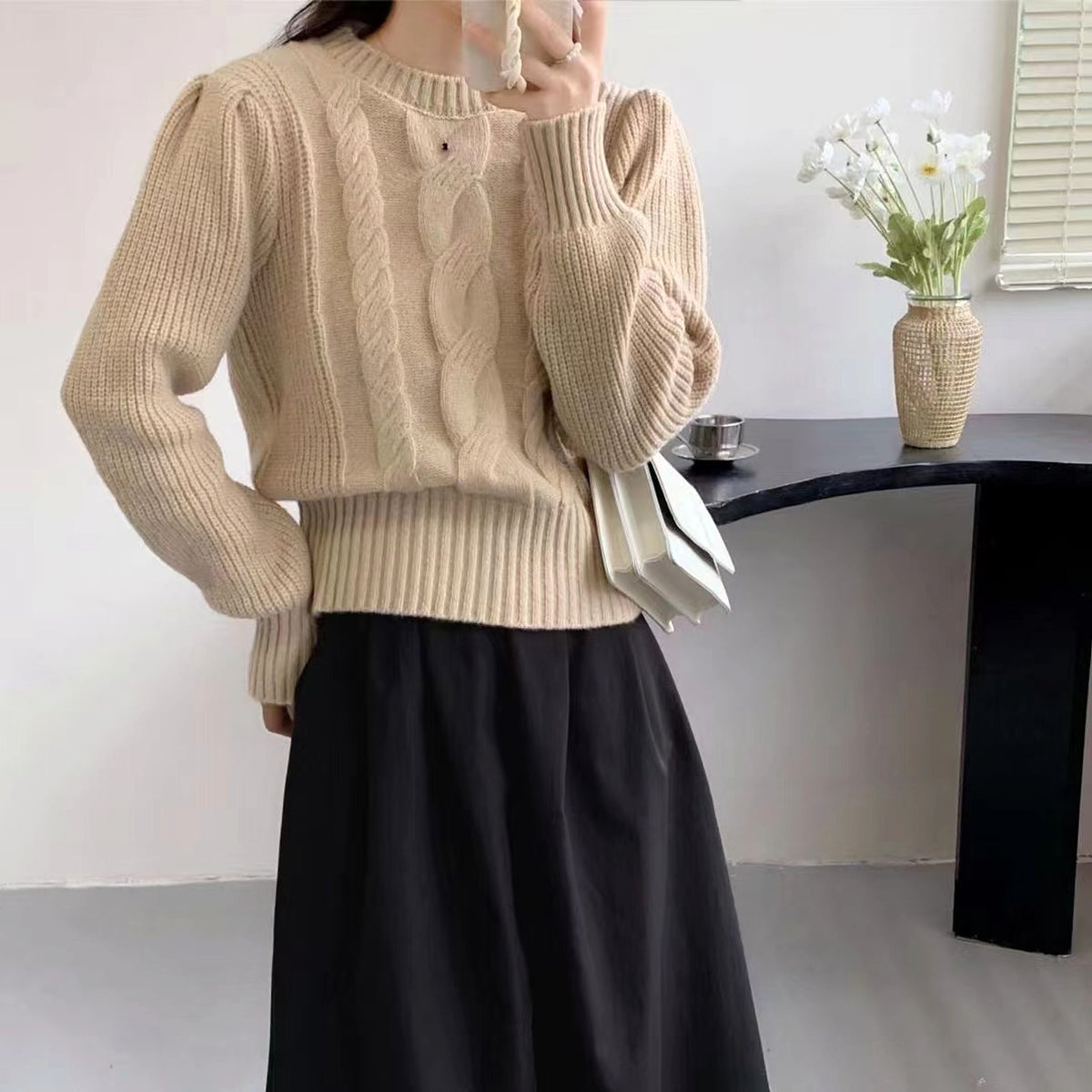 Round Neck Lantern Sleeve Cable-knit Sweater - enhanced image 7