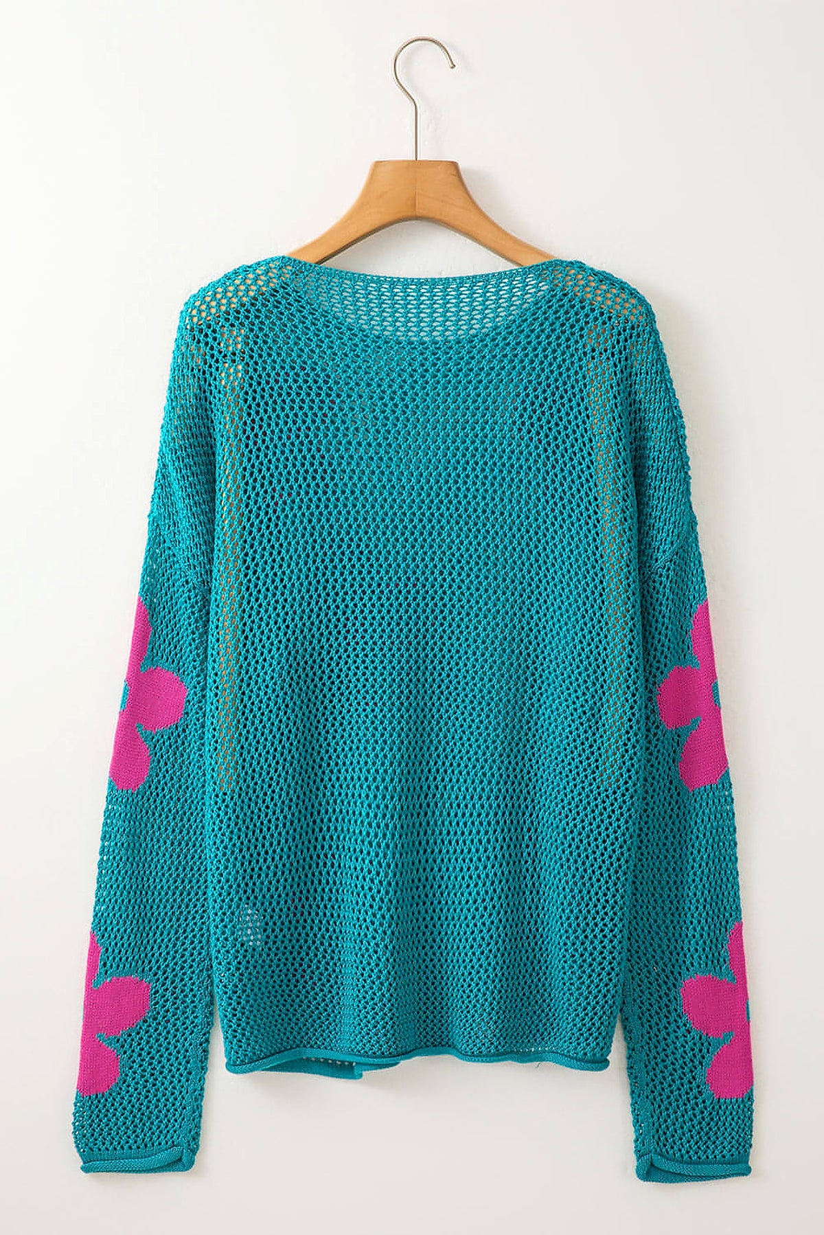 Sea Green Big Flower Hollowed Knit Drop Shoulder Sweater - enhanced image 7