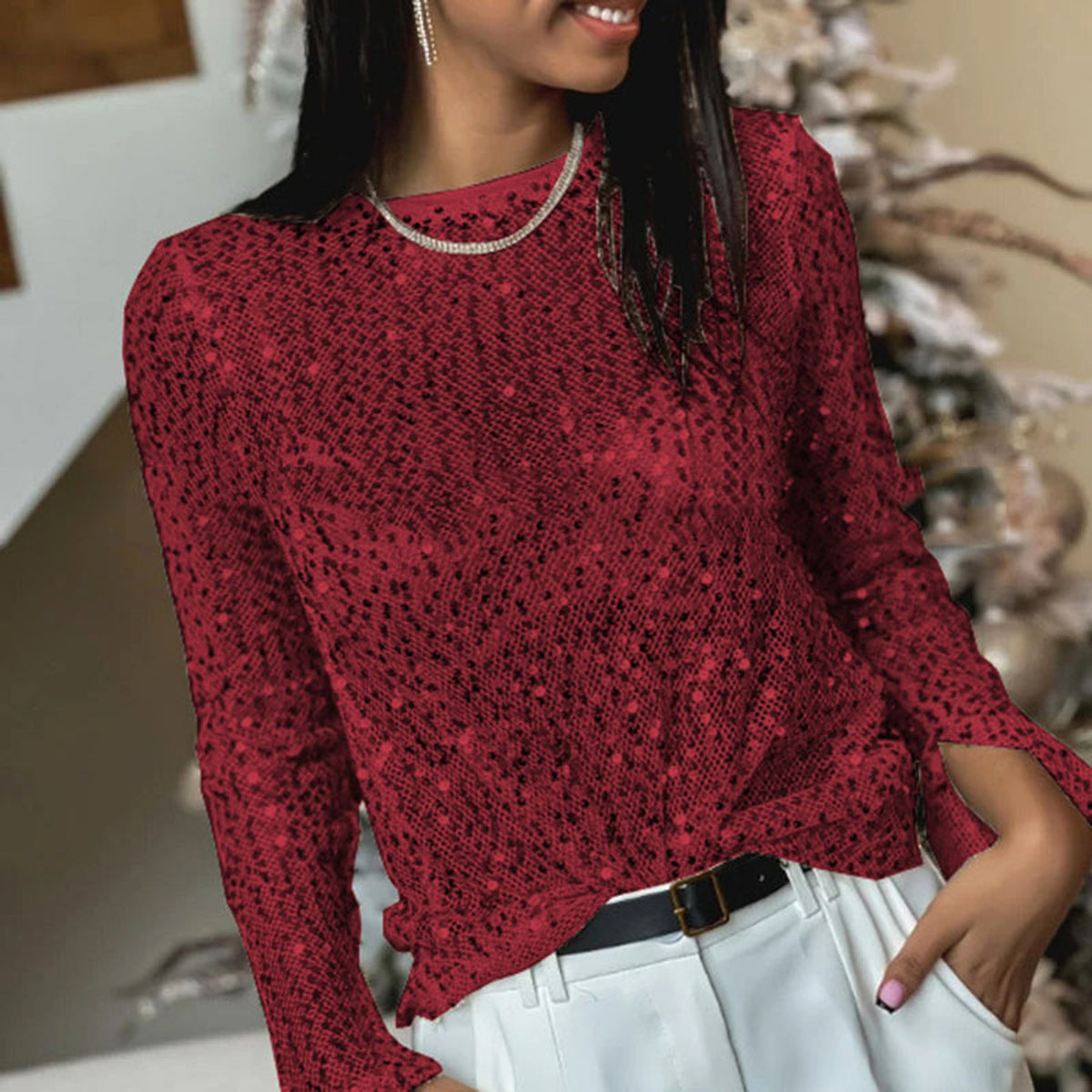 Sequined Mesh Long Sleeve T-Shirt Women - enhanced image 7