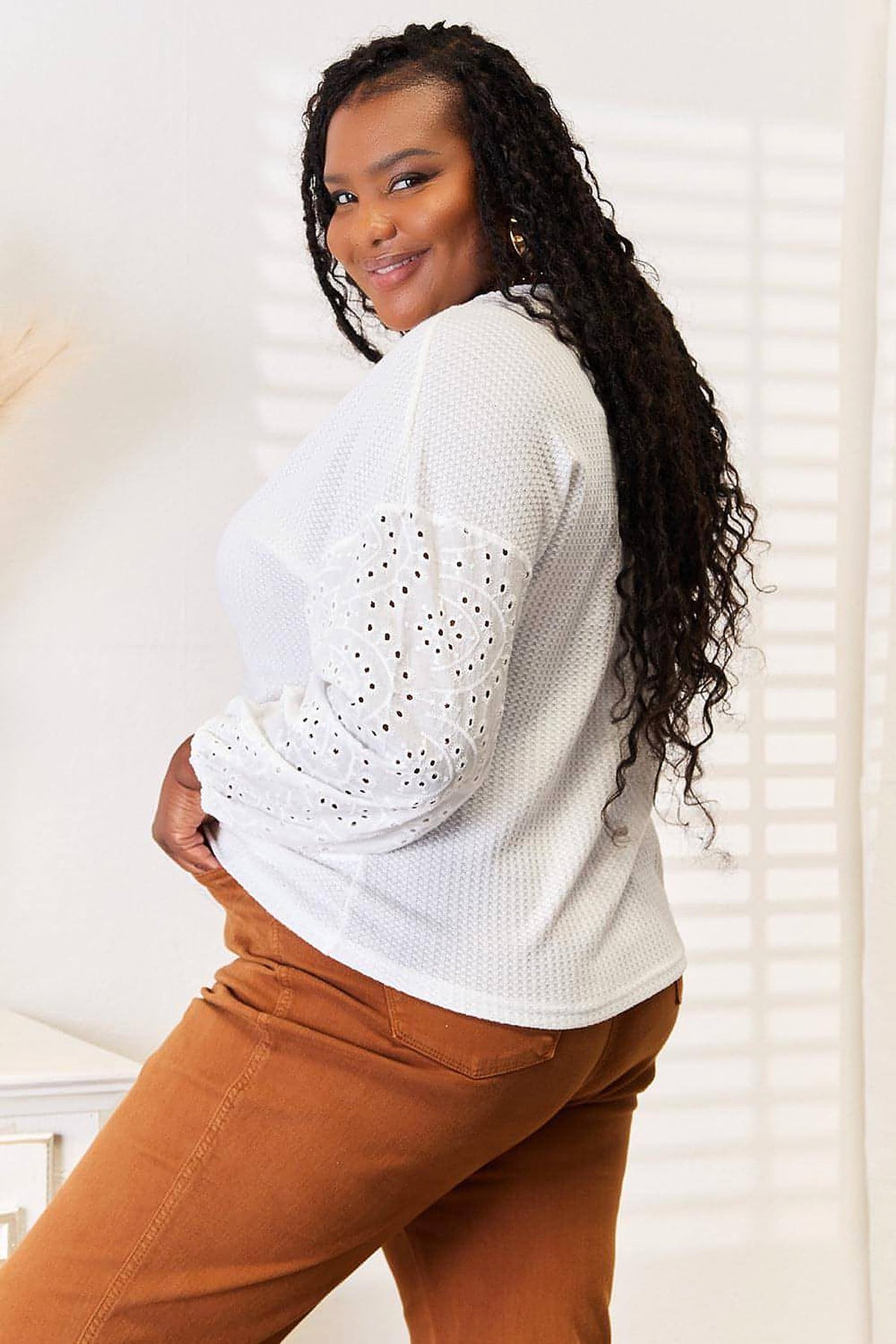 Shiny Eyelet Dropped Shoulder Round Neck Blouse - enhanced image 7