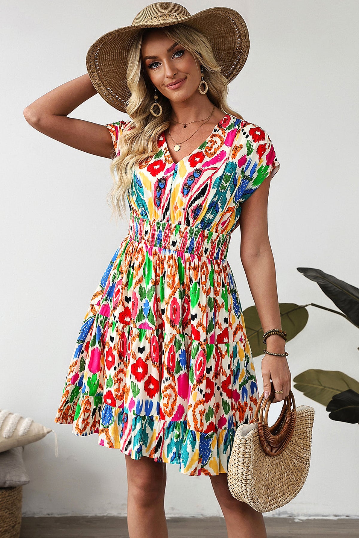 Sky Blue Abstract Print V Neck Dolman Sleeve Ruffle Tiered Mini Dress - enhanced image 7