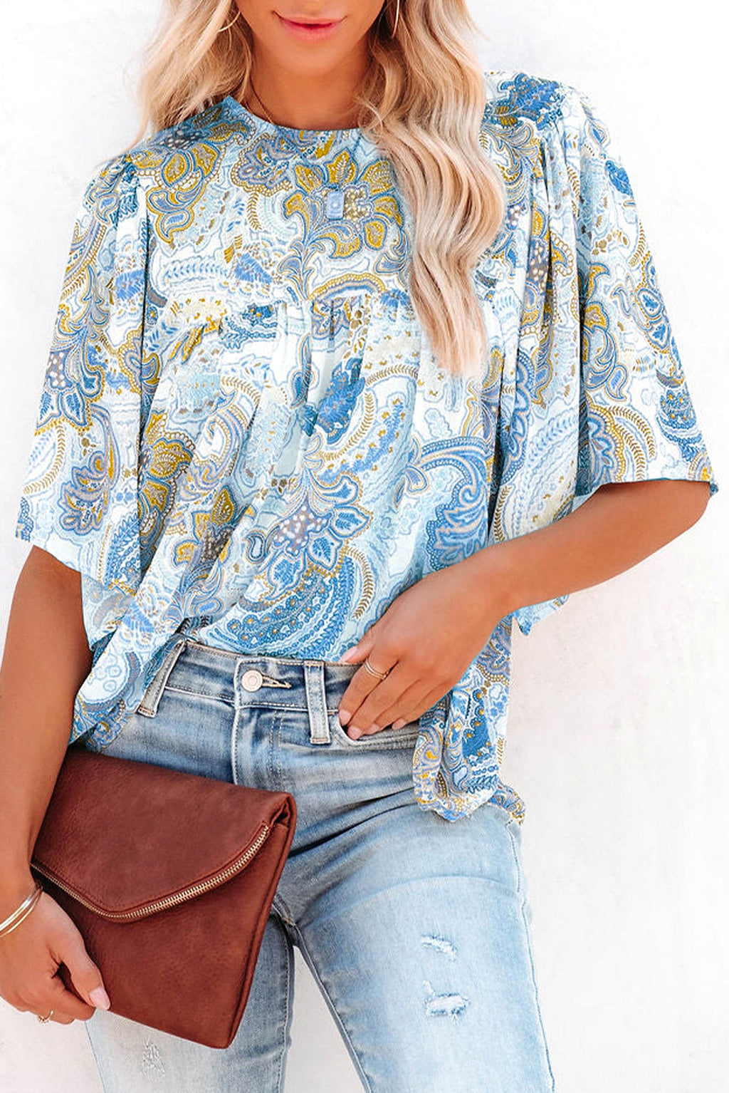 Sky Blue Paisley Print Wide Sleeves Loose Blouse - enhanced image 7
