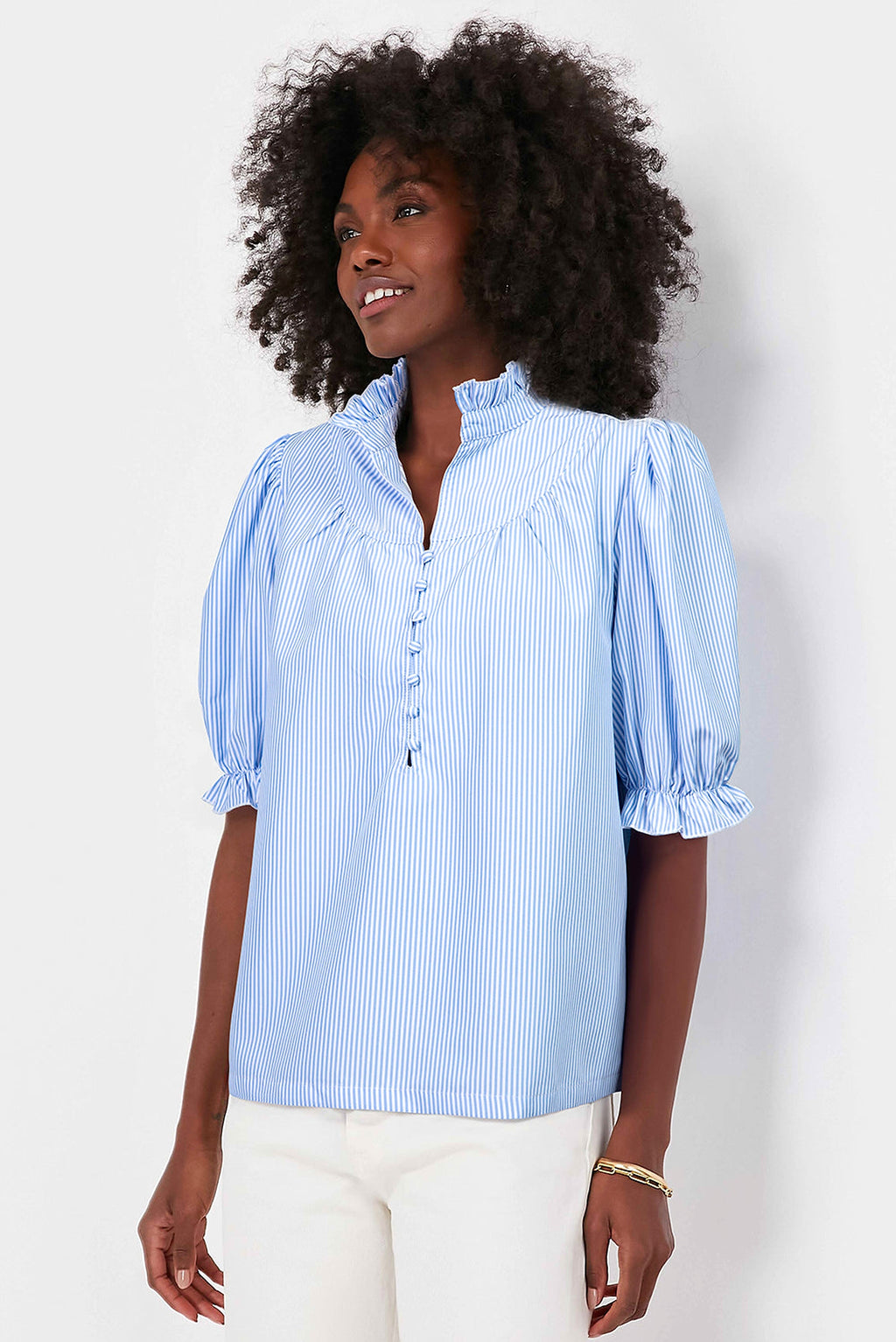 Sky Blue Stripe Ruffled Collar Puff Sleeve Half Buttons Blouse - enhanced image 7