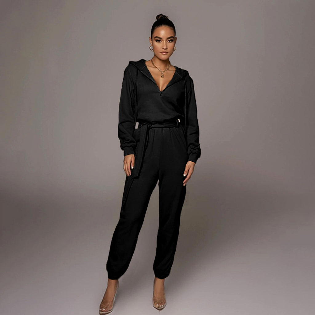 Slim-fit Long Sleeve Solid Color Hooded Half-open Collar Urban Leisure Women's Jumpsuit - enhanced image 7
