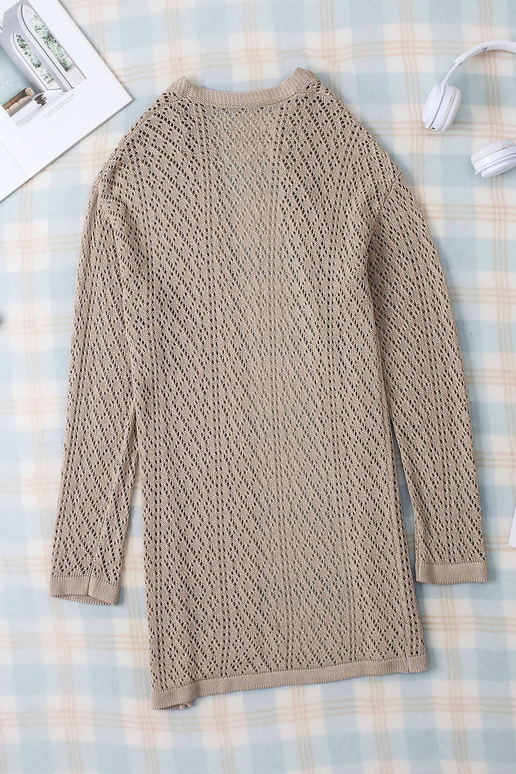 Smoke Gray Solid Color Pointelle Knit Open Front Cardigan - enhanced image 7