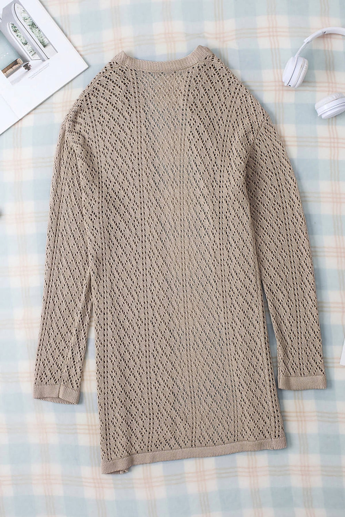 Smoke Gray Solid Color Pointelle Knit Open Front Cardigan - enhanced image 7