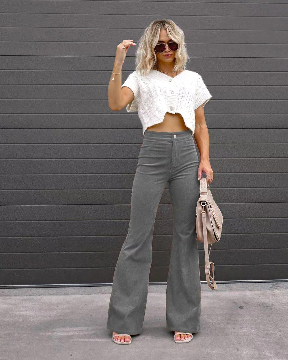 Solid Color Mid-waist Slim-fit Micro Flared Pants Corduroy - enhanced image 7
