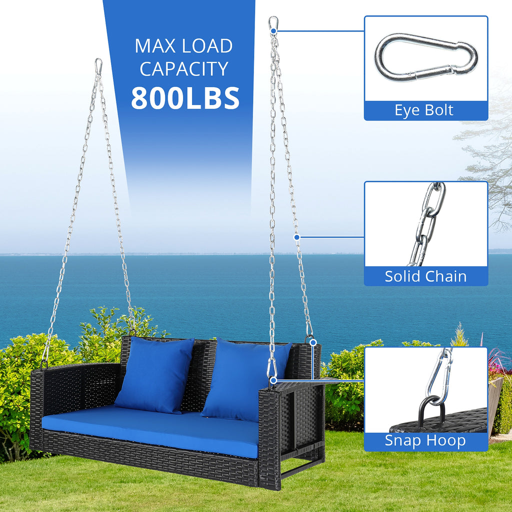 SolunaSwing™ – 4ft Black Rattan Hanging Chair with Blue Cushions - enhanced image 7
