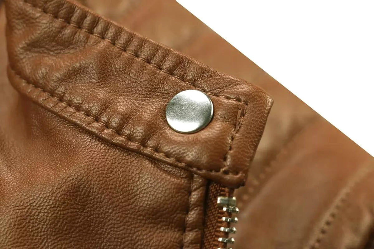 Standing Collar Motorcycle Pu Slim Leather Jacket Women Short - enhanced image 7