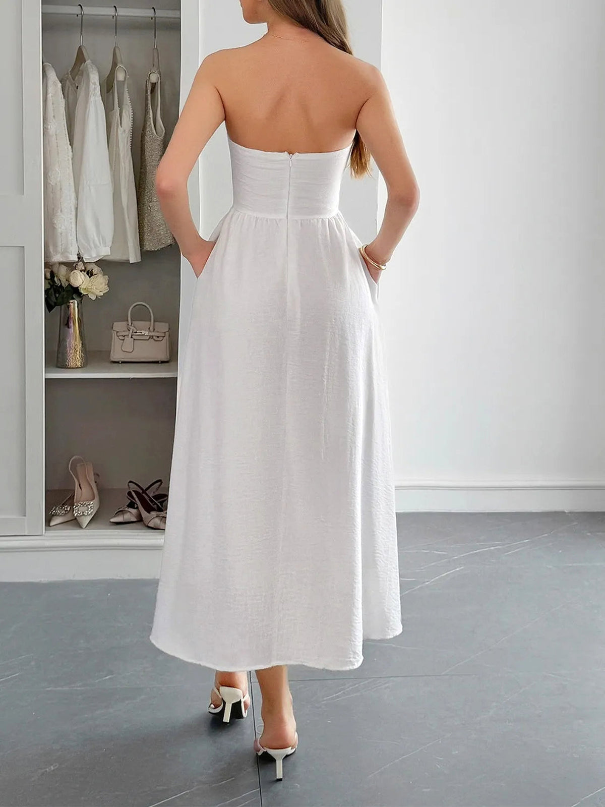 Strapless A-Line Midi Dress with Pockets - enhanced image 7