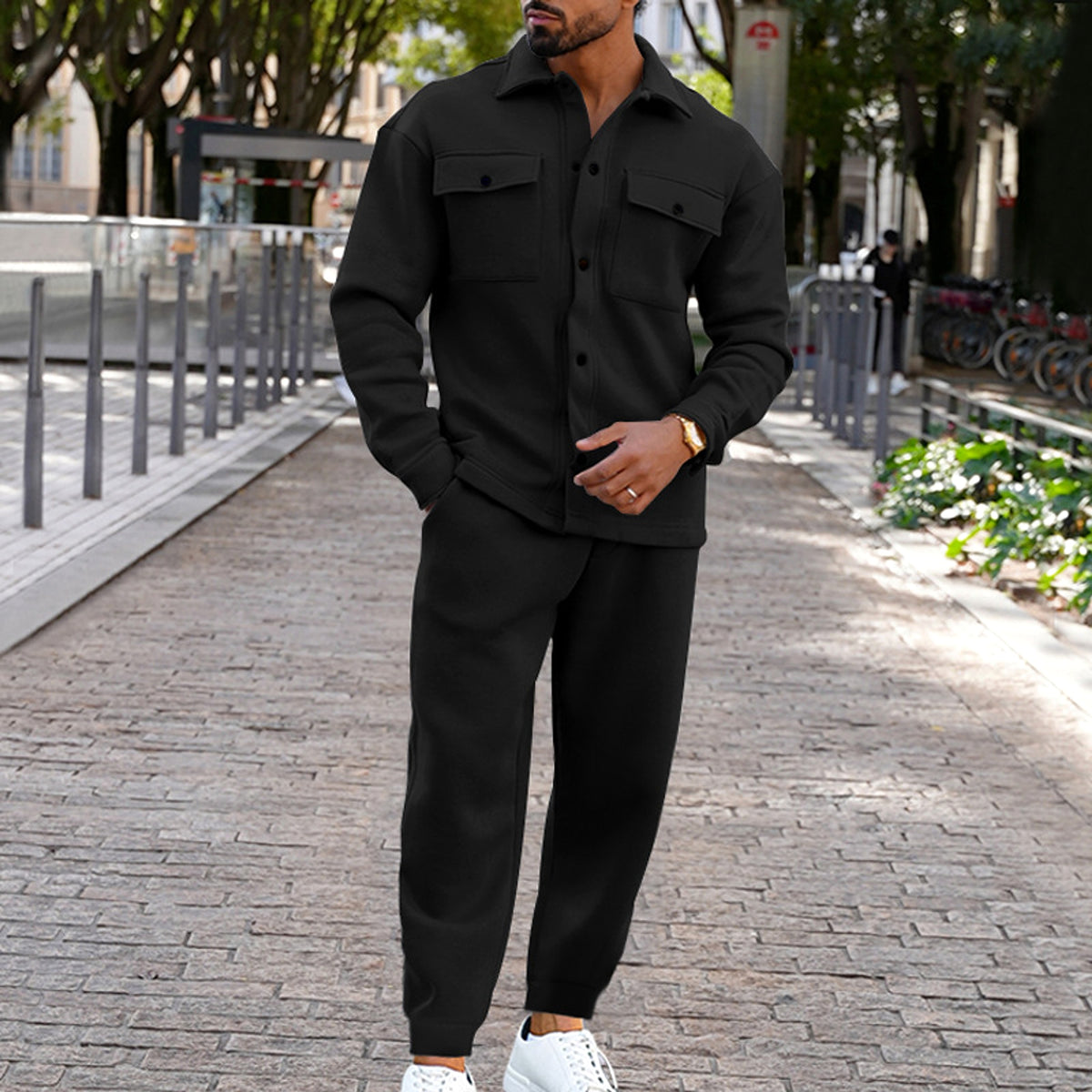 A Suede Single-breasted Solid Color Slim Fit Two-piece Suit Men (Tracksuit) - enhanced image 7