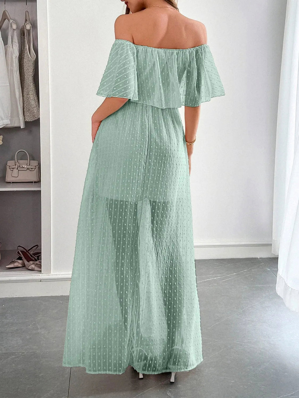 Swiss Dot Off Shoulder Maxi Dress - enhanced image 7