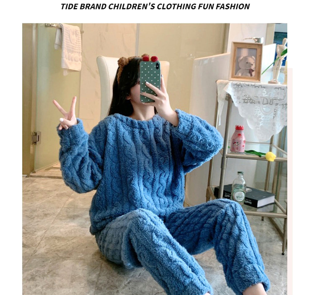 Thick Fleece Pajamas Women's Thermal Round-neck Flannel Homewear Suit - enhanced image 7