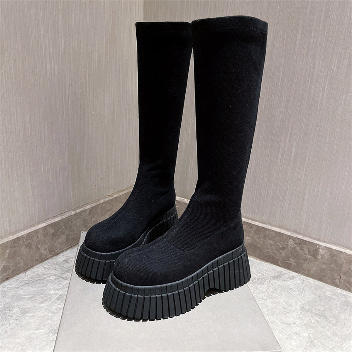 Thick Sole Long Boots Solid Color New Fashion Trendy Fly-woven Elastic Shoes Women's Winter FootwearHigh Boots - enhanced image 7
